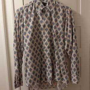 Men's Geometric Pattern Long-Sleeve Shirt - Cream & Navy